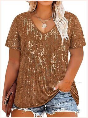 Plus Size Sequin Top V-Neck Short Sleeve Tunic Party Sparkly Shirt